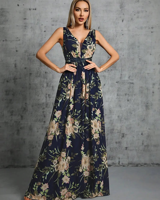 Navy chiffon maxi dress, A-line silhouette with V-neck and sleeveless floral print.