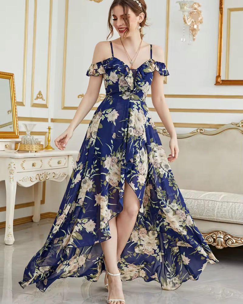 Navy floral chiffon dress with off-shoulder ruffle sleeves, high-low skirt, front slit.