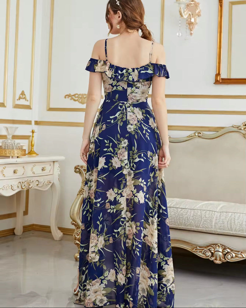 Navy floral chiffon dress with off-shoulder ruffle neckline and high-low skirt.