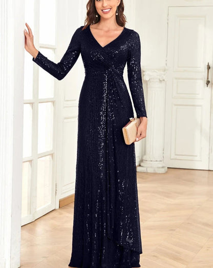 Navy sequin long-sleeve maxi dress with V-neck and fitted waist, flowing skirt.