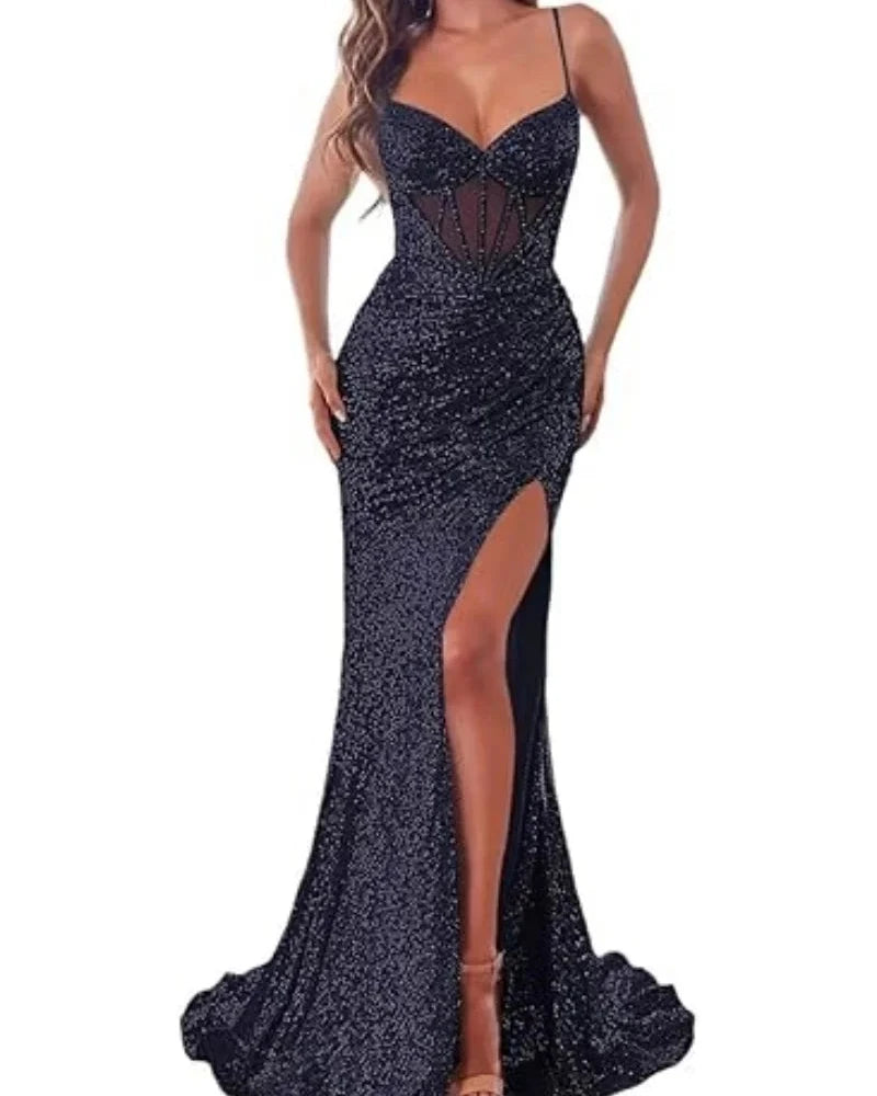 Dark navy sequin mermaid dress with spaghetti straps, sweetheart neckline, and front slit.