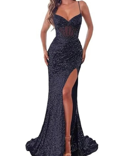 Dark navy sequin mermaid dress with spaghetti straps, sweetheart neckline, and front slit.