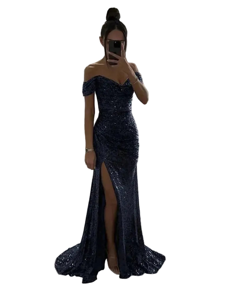 Off-shoulder sequin mermaid formal dress, sweetheart neckline, front slit; dark blue.