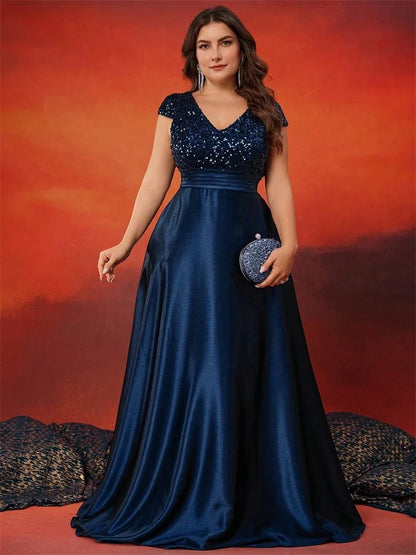 Plus sizes navy satin v-neck and back long evening dress- formal elegance 