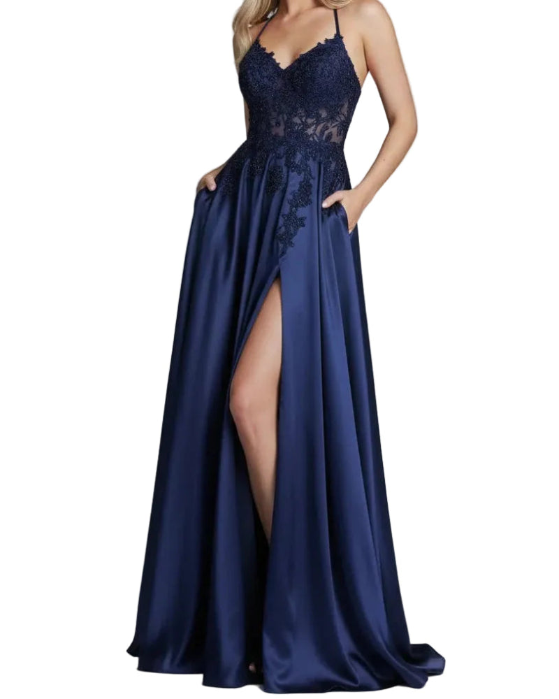 Navy satin evening dress with lace V-neck, spaghetti straps, A-line skirt, front slit