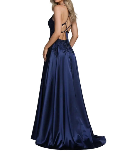 Navy satin evening dress with lace bodice, crisscross spaghetti straps, A-line skirt, slit