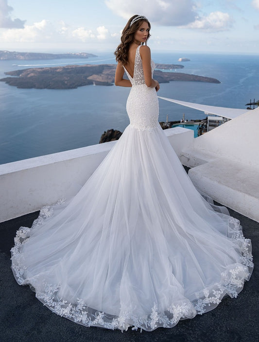 mermaid open v back lace edge court train bridal gown-formal elegance