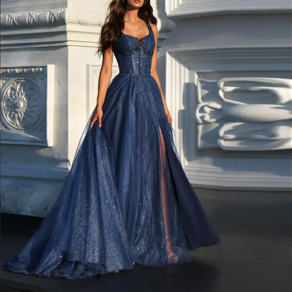 Blue A-line glitter tulle formal dress with wide straps and scalloped sweetheart neckline