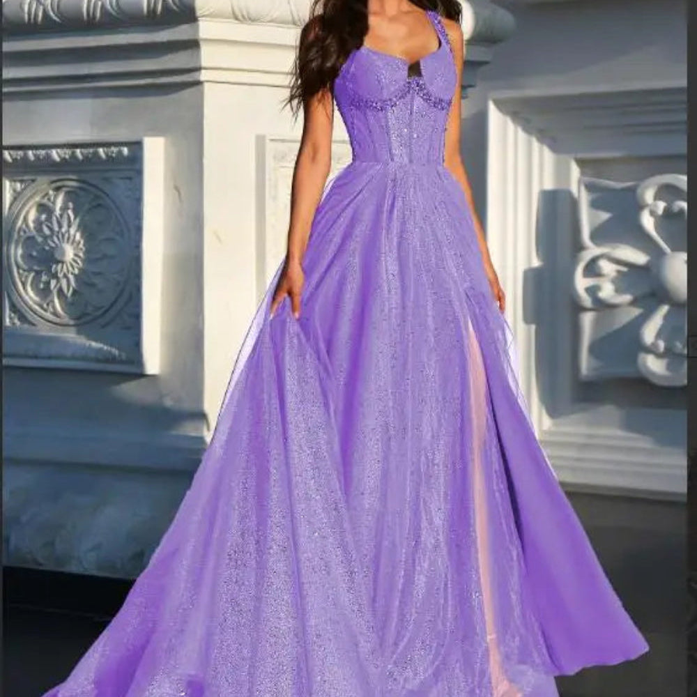 Lilac A-line glitter tulle formal dress with wide straps and sparkly corset bodice