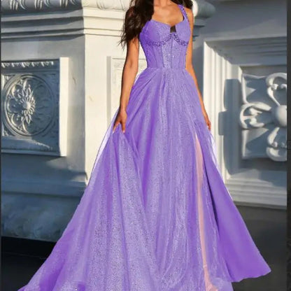 Lilac A-line glitter tulle formal dress with wide straps and sparkly corset bodice