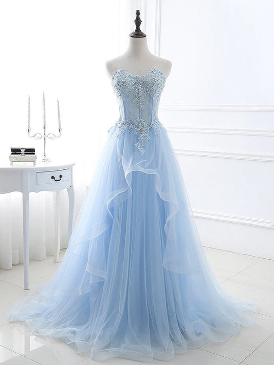 Light Blue Beaded Strapless A-Line Tulle Formal Party Gown