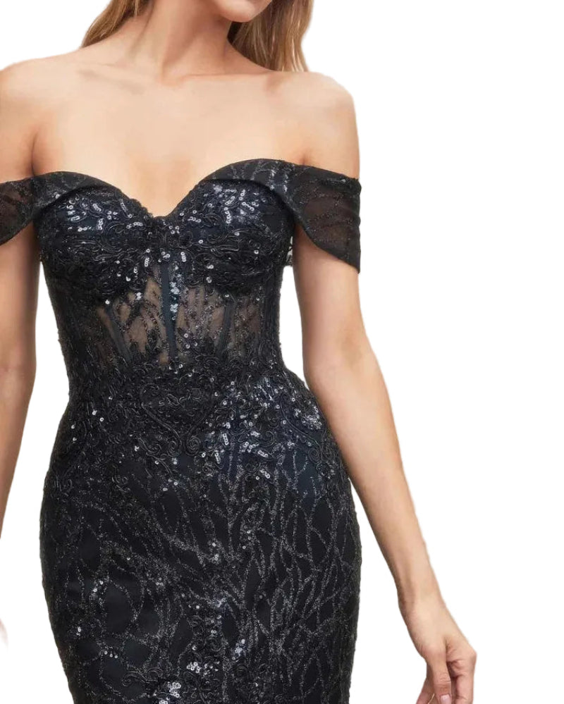 Black off-shoulder sequin bodice with sweetheart neckline