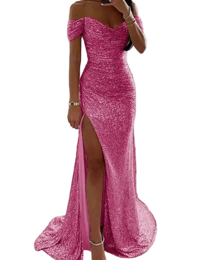 Hot pink sequin off-shoulder mermaid formal dress with front slit