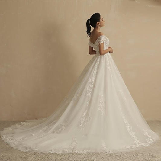 Ivory court train all lace off shoulder wedding dress-formal elegance 