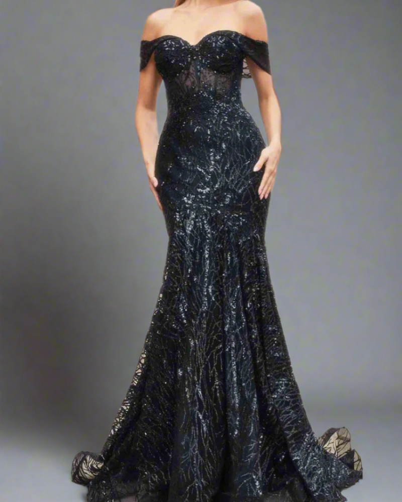 Black off-shoulder sequin mermaid gown with sweetheart neckline and ruffle hem