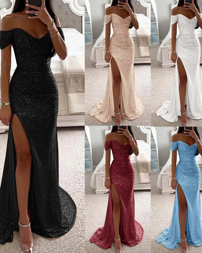 Off-shoulder sequin mermaid formal dress shown in multiple colors