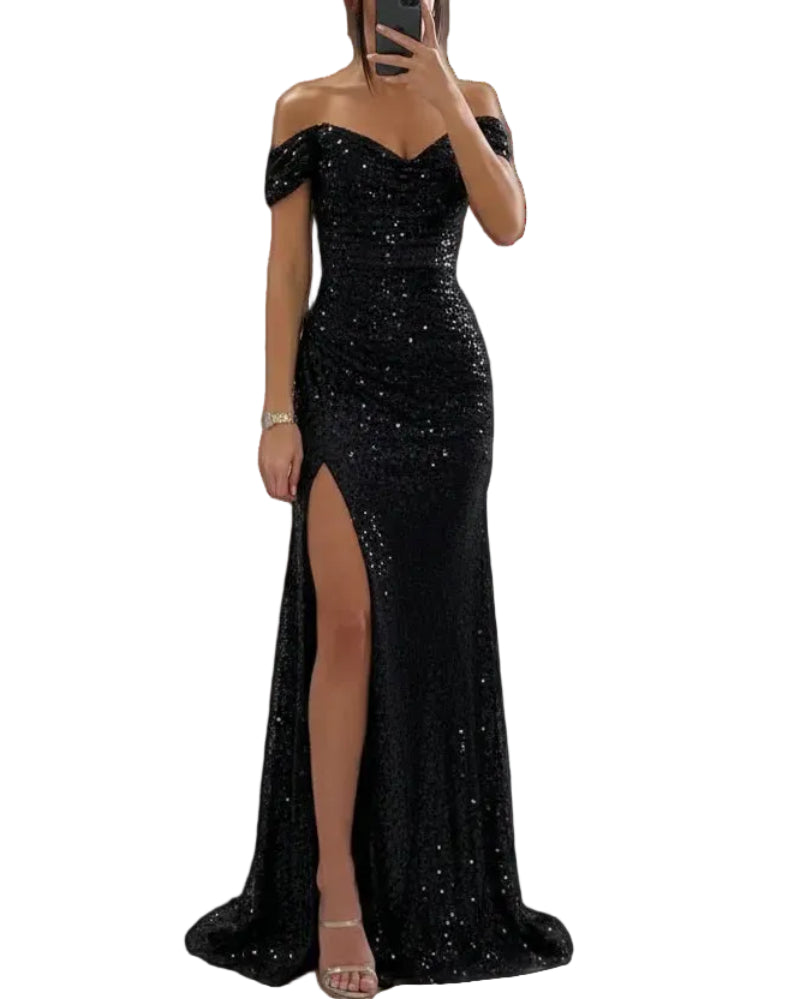 Black sequin off-shoulder mermaid formal dress with front slit