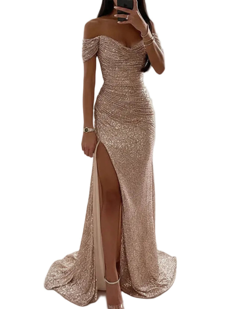 Champagne sequin off-shoulder mermaid formal dress with front slit