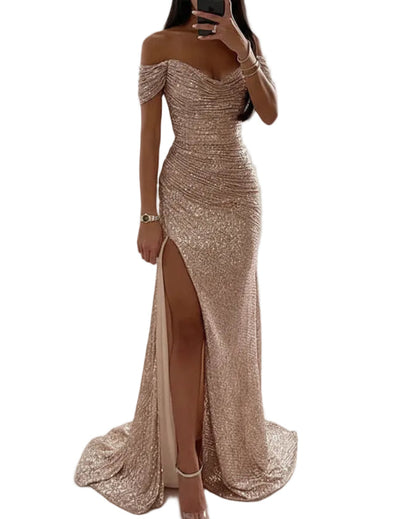 Champagne sequin off-shoulder mermaid formal dress with front slit