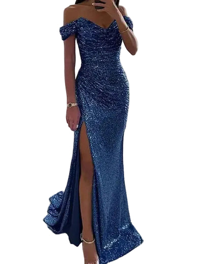 Cobalt blue sequin off-shoulder mermaid formal dress with front slit