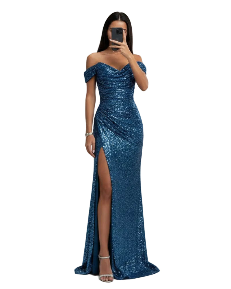 Blue sequin off-shoulder mermaid formal dress with front slit