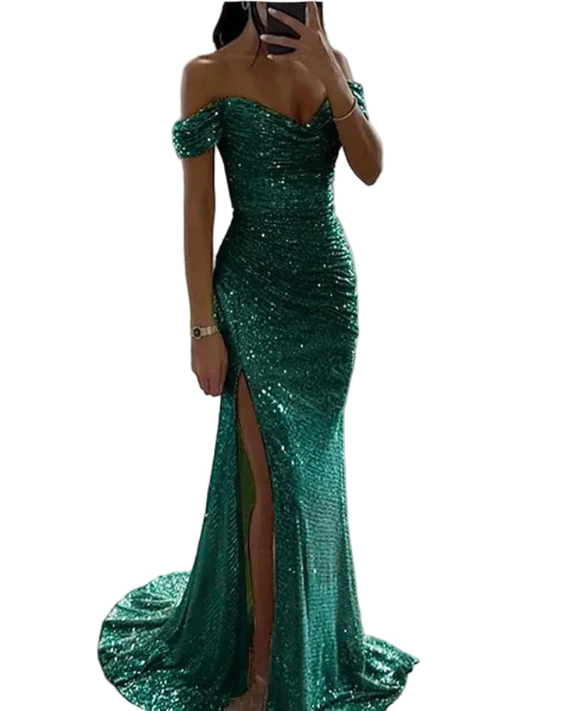 Dark green sequin off-shoulder mermaid formal dress with front slit