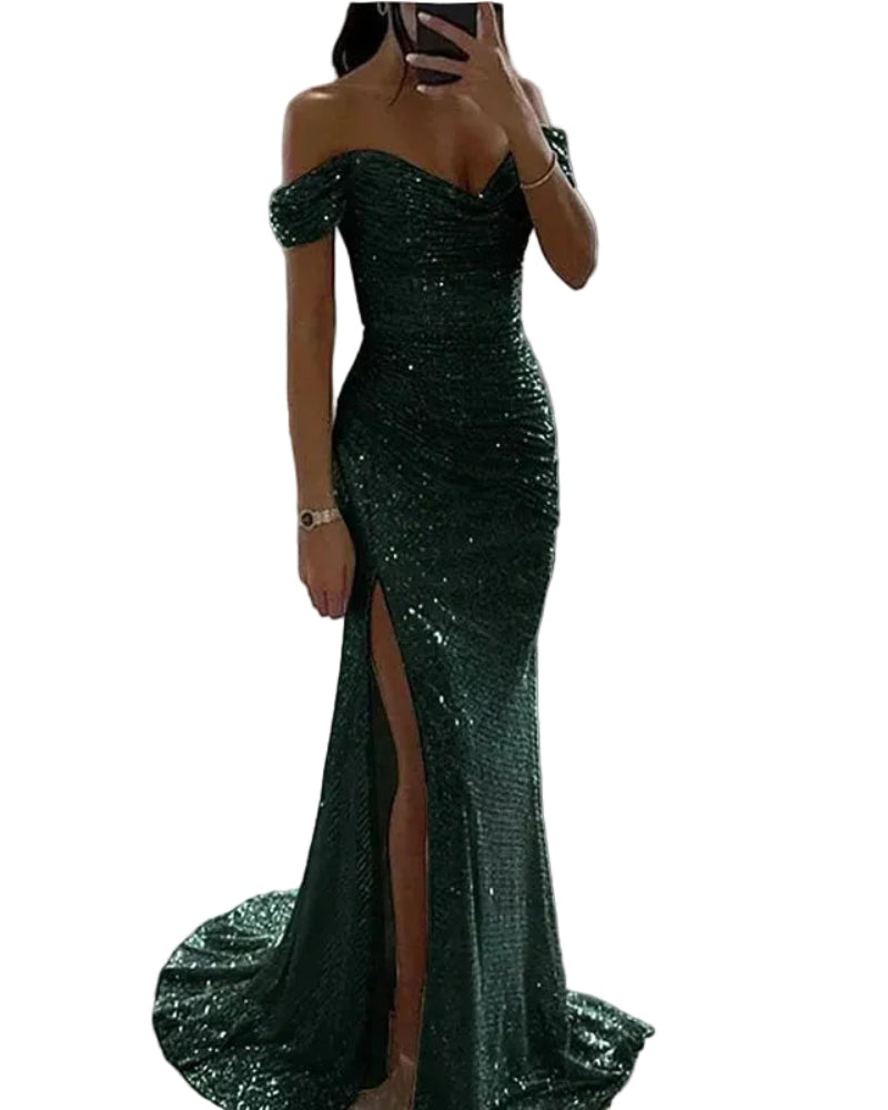 Dark green sequin off-shoulder mermaid formal dress with front slit