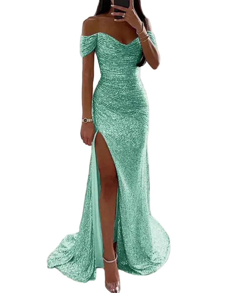 Off-shoulder sequin mermaid formal dress, sweetheart neckline, front slit; mint green.
