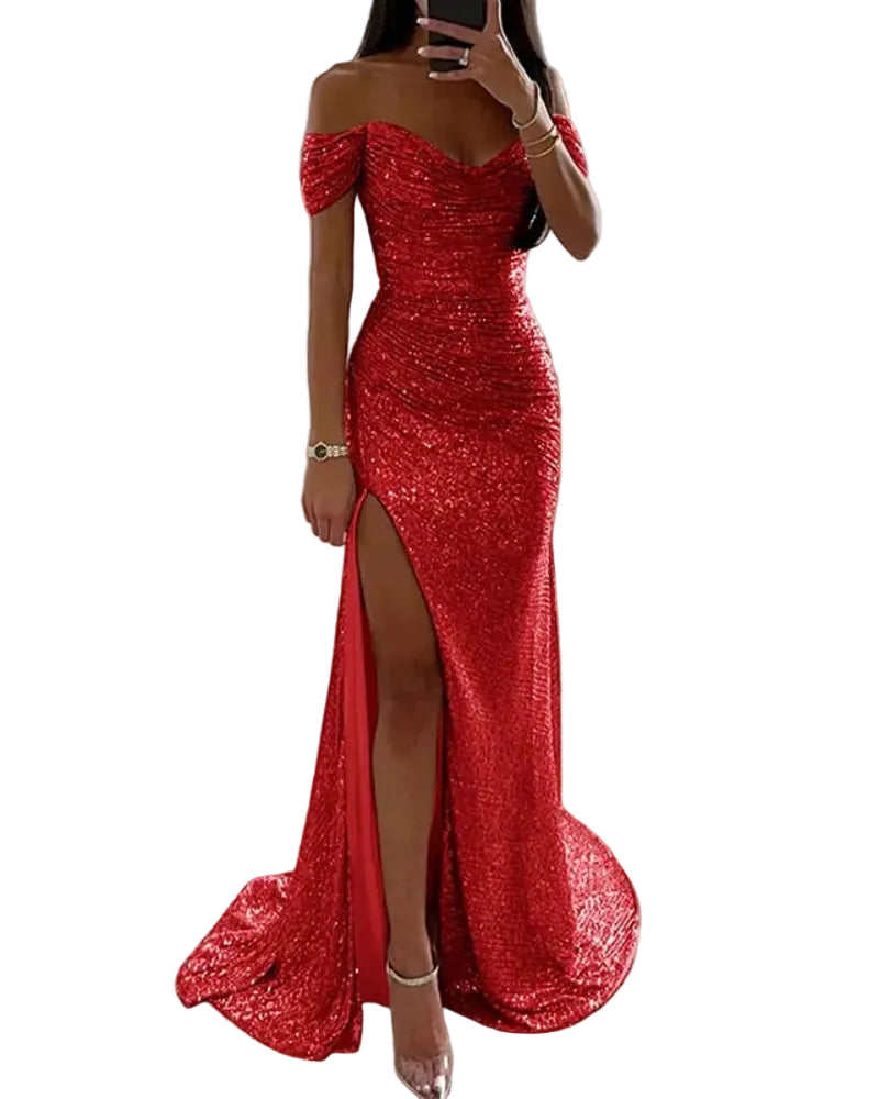 Red sequin off-shoulder mermaid formal dress with front slit