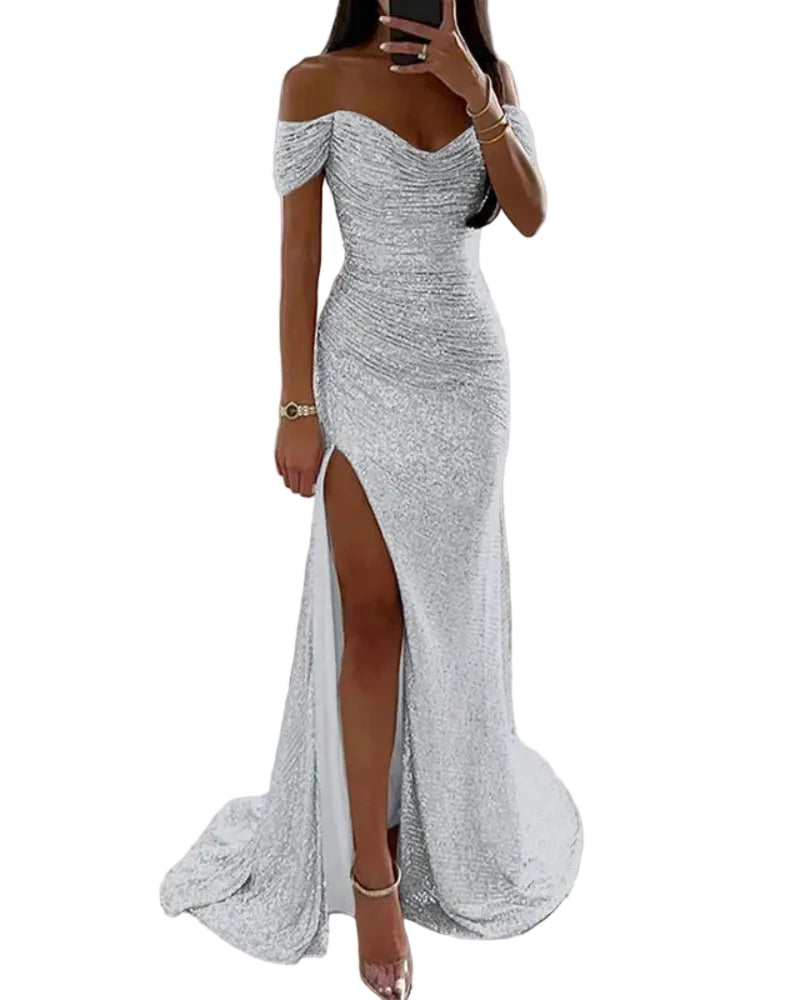 Silver sequin off-shoulder mermaid formal dress with front slit