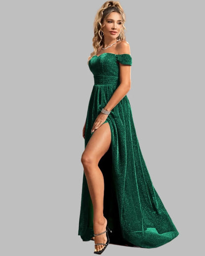 Green glitter velvet off-shoulder maxi dress with side slit and fitted bodice