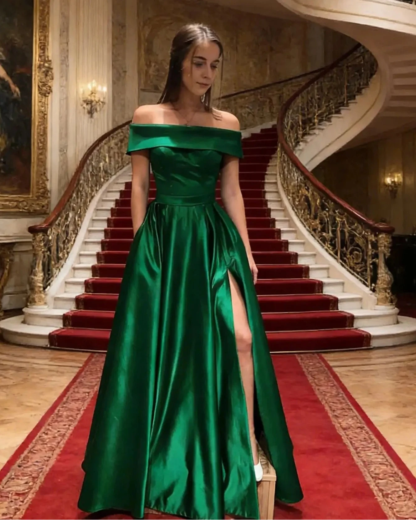 Green satin off-shoulder A-line dress with gathered bodice and front slit