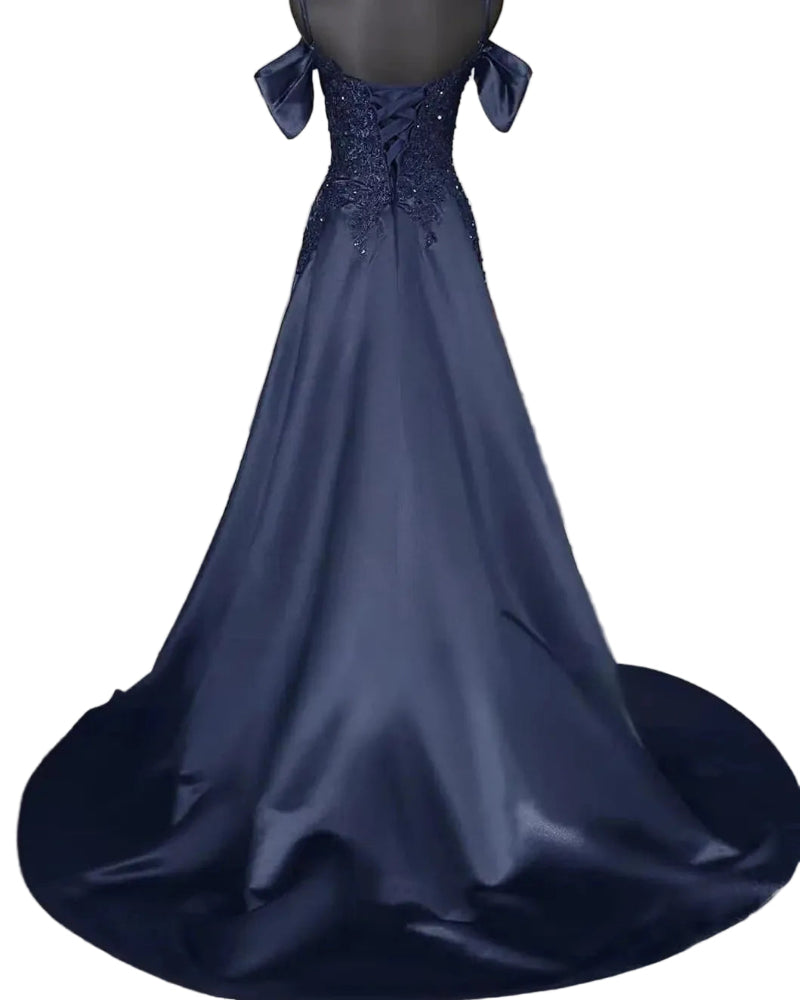 Navy satin A-line floor-length dress with beaded back bodice and draped sleeve accents