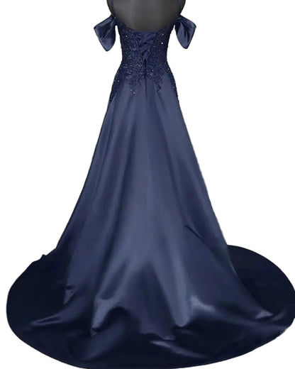 Navy satin A-line floor-length dress with beaded back bodice and draped sleeve accents