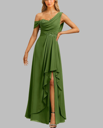 Green one-shoulder chiffon A-line dress with embellished bodice and cascading ruffle hem panel