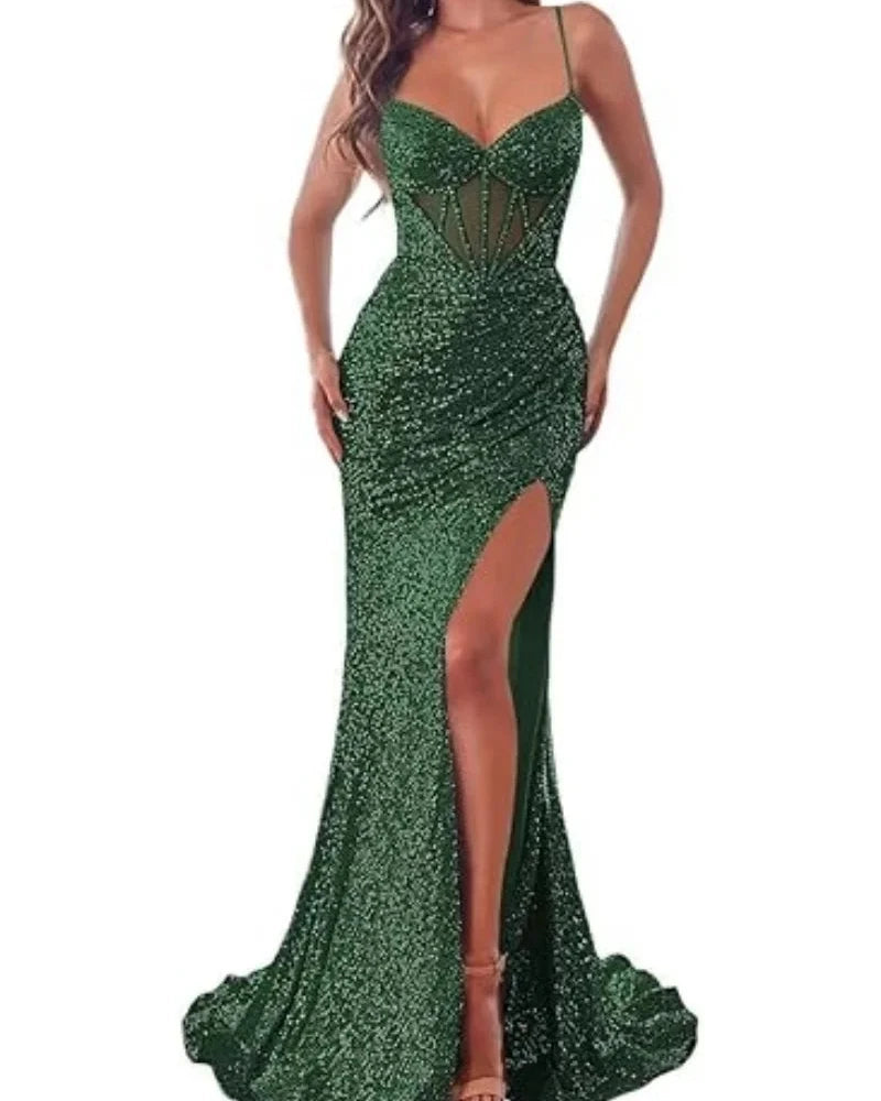 Green sequin mermaid dress with spaghetti straps, sweetheart neckline, and side thigh slit.