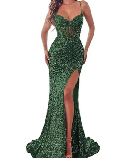 Green sequin mermaid dress with spaghetti straps, sweetheart neckline, and side thigh slit.
