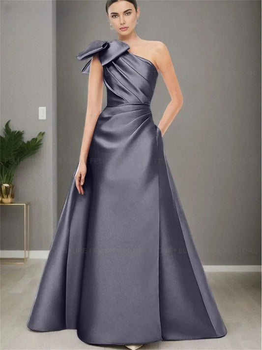 One Shoulder A Line Bow Satin Formal Evening Dress