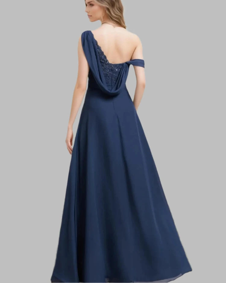 Navy chiffon one-shoulder A-line dress, open back with draped waist and layered full skirt