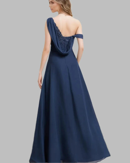 Navy chiffon one-shoulder A-line dress, open back with draped waist and layered full skirt