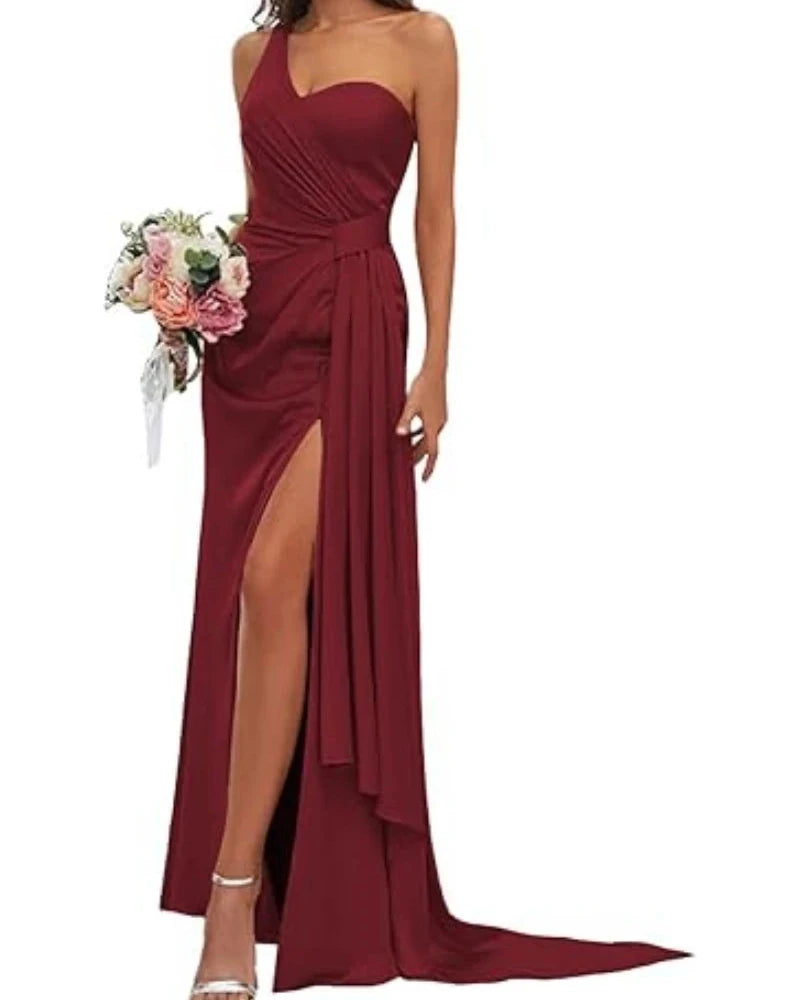 Burgundy satin mermaid bridesmaid gown with V-neck bodice and high front slit
