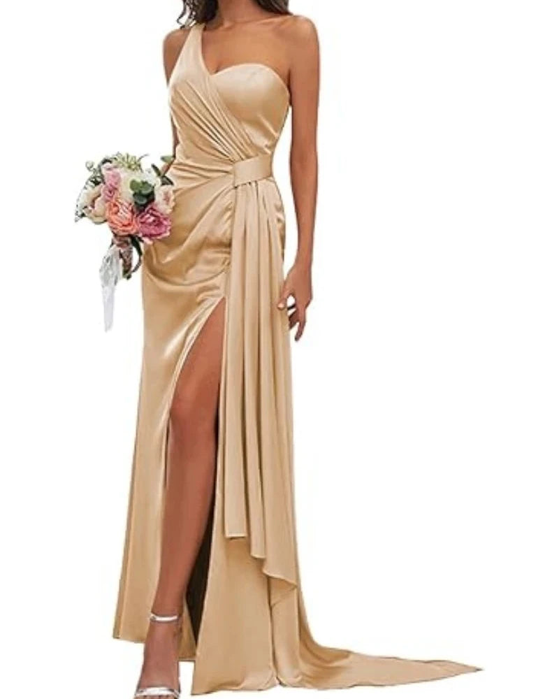 Champagne satin mermaid gown with V-neck and ruched bodice, front leg slit