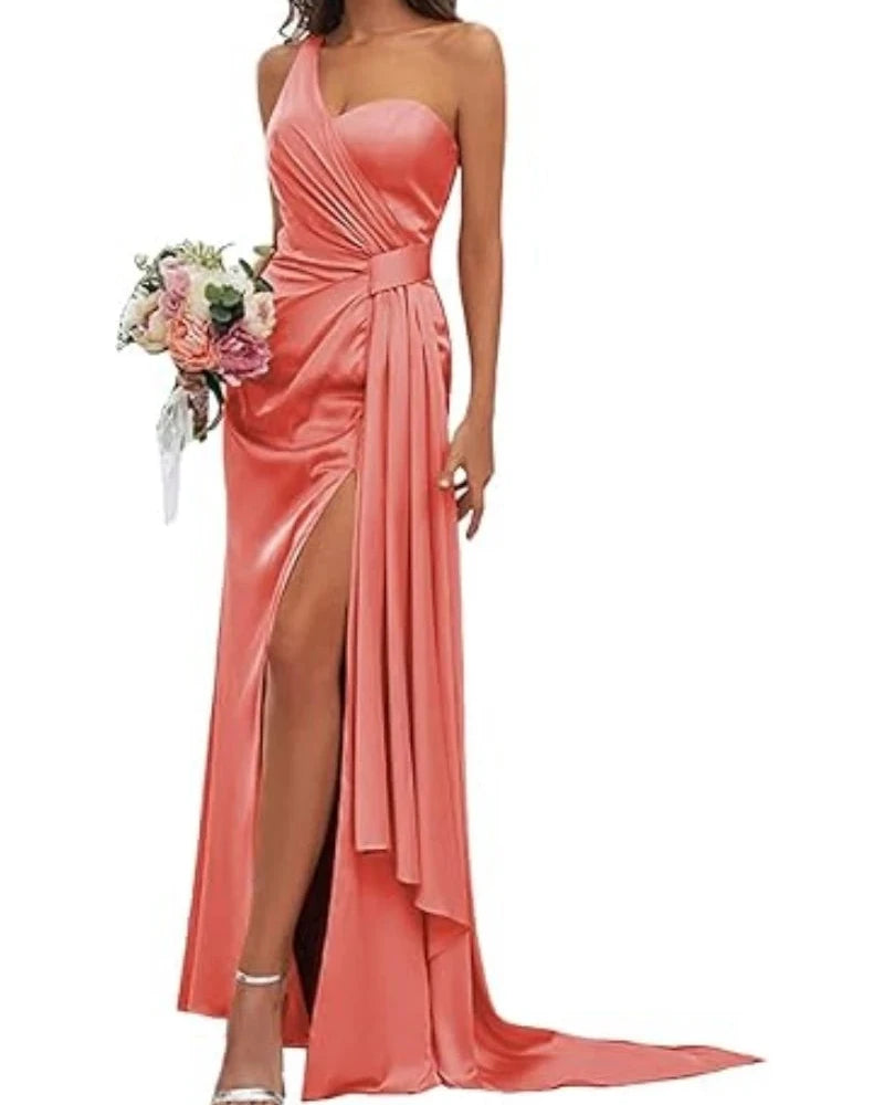 Pink satin mermaid bridesmaid gown with V-neck bodice and high front slit