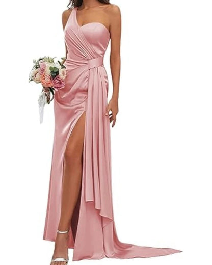 Pink satin mermaid gown with V-neck, draped waist, and asymmetrical front slit