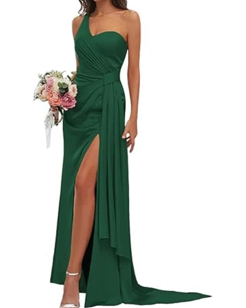 Green satin mermaid gown with V-neck, ruched bodice, and front leg slit
