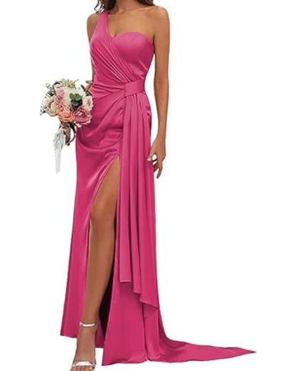 Hot pink satin mermaid gown with V-neck, ruched bodice, and front leg slit