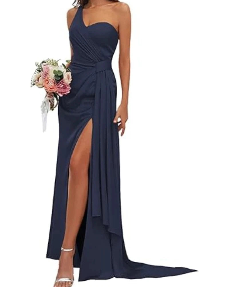 Navy satin mermaid gown with sweetheart neckline, ruched waist, and front leg slit