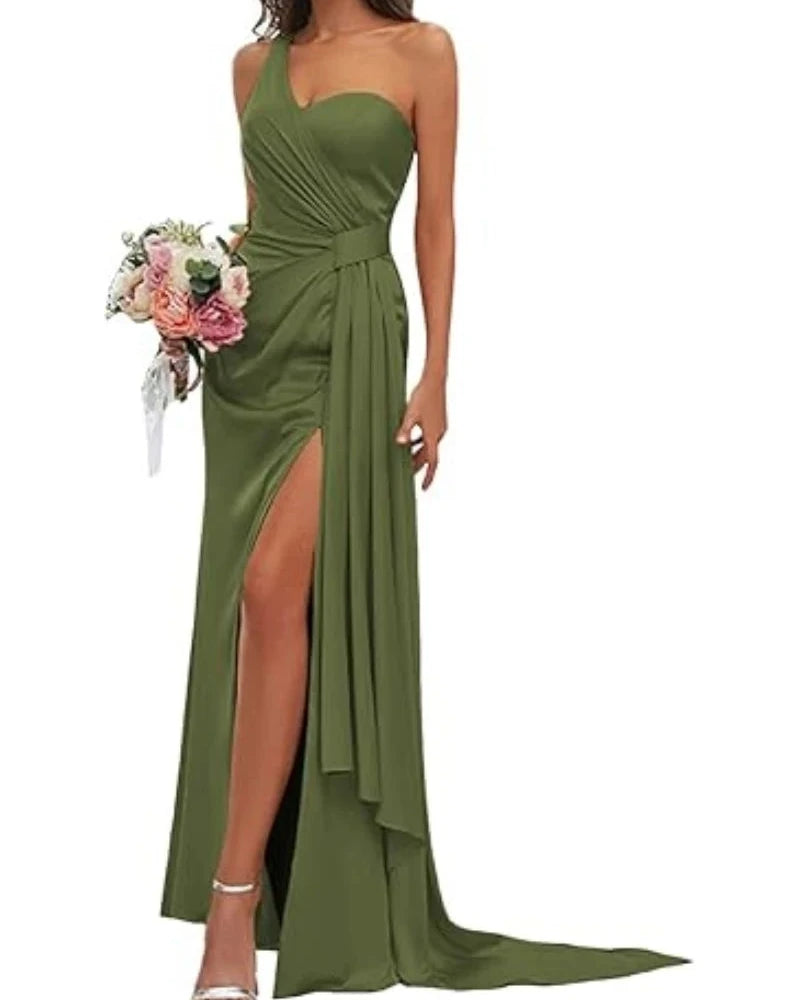 Olive green satin mermaid bridesmaid gown with V-neck bodice and high front slit