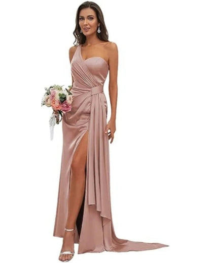 Pink satin mermaid bridesmaid gown with V-neck, fitted silhouette, and front slit