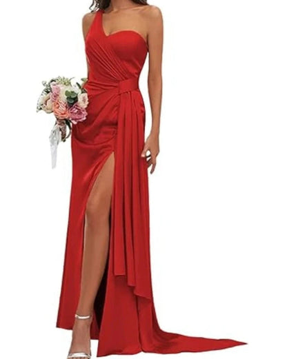 Red satin mermaid bridesmaid gown with V-neck bodice and high front slit